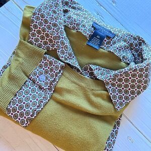 Investments Womens 2X Mustard Green Layered Look Geometric Print Sweater Top